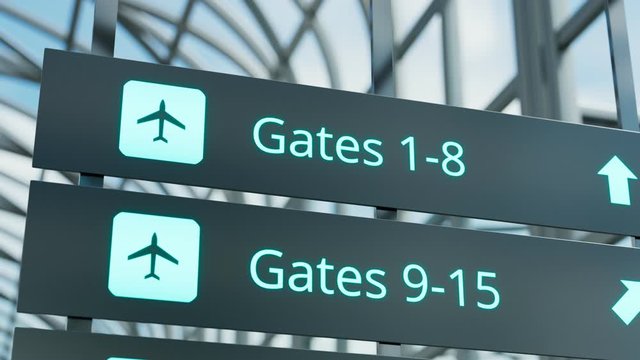 Guide sign showing way to different gates at the airport. Terminal. Blue. 4k HD