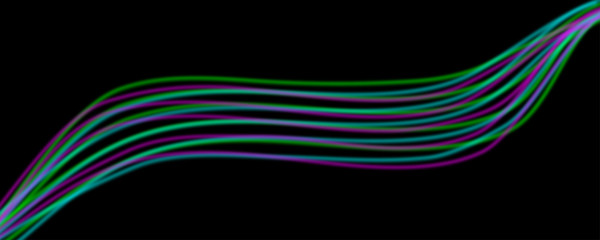 Twisted neon colored strings or ribbons across black illustration background.