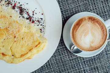 omelet and coffee top view