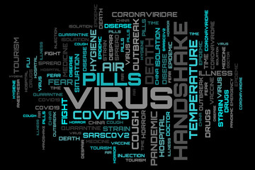 Virus word cloud concept on black background. COVID-19 topic illustration