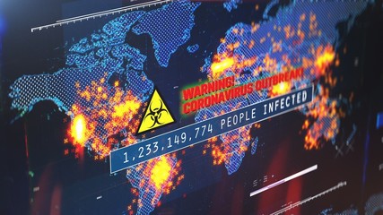 Warning, coronavirus outbreak text, number of people infected, world map