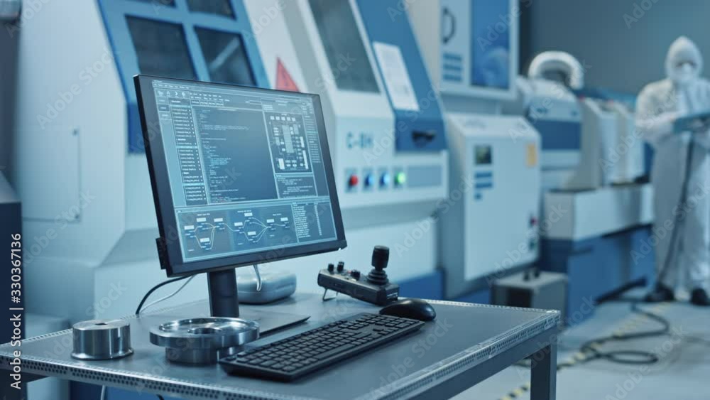 Poster Factory Cleanroom: On the Desk Personal Computer Showing Infrastructure System Control on its Display. In Background CNC Machinery, Professionals Use Robot Arm on Production Line. Arc Shot