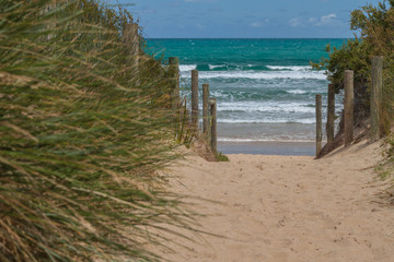Fototapeta na wymiar Entrance to the surf beach through the sand dunes in Melbourne, Australia