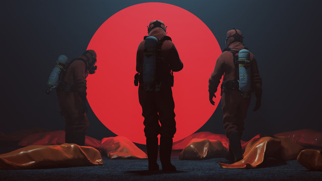 3 Men in a Hazmat suits Inspecting Body Bags an Big Red Sphere in a foggy void 3d Illustration 3d render