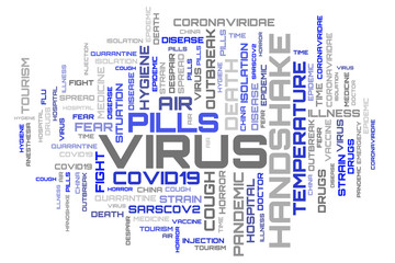 COVID-19 blue word collage on white background. Virus word cloud concept