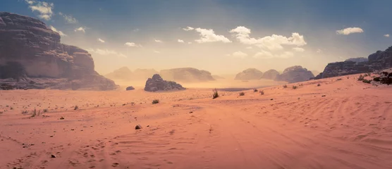Fotobehang Zalmroze Panorama van de Wadi Rum-woestijn in Jordanië tijdens een lichte zandstorm