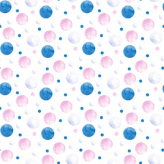 Seamless pattern of watercolor circles in pink and blue on a white background. Use for menus, baby decor and birthday parties