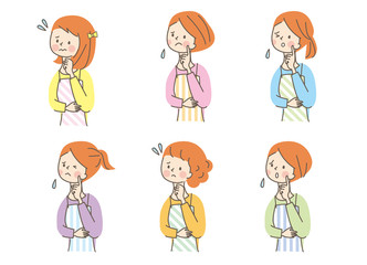 悩む若い女性　エプロン　セット