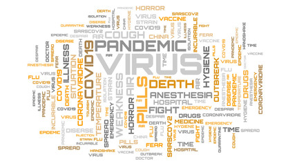 Abstract white background with brown word cloud background. Virus word collage backdrop