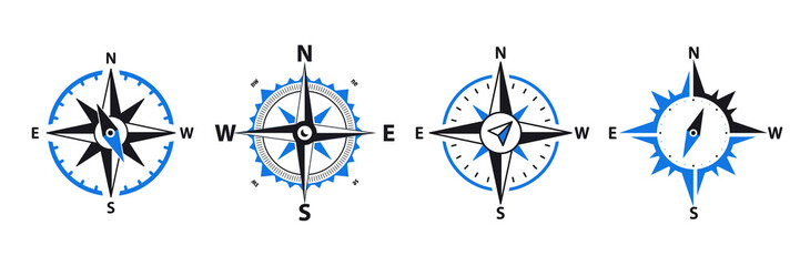 Compass - vector signs and symbols logo set. Navigation compass, rose with North, South, East and West. Set of Navigational compass, travel compass, lost compass.Traveler Device Map Navigate Equipment