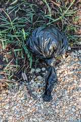 Dog waste bag thrown away in the middle of nature
