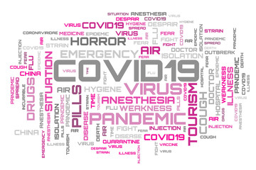 Virus word collage on white background. COVID-19 purple word cloud background