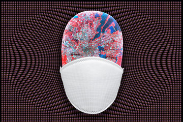 health mask with virus droplet showing global pandemic breakout