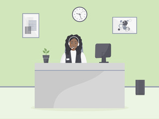 Cozy call center office. Assistant black female with headphones sitting at table with monitor and home plant in pot and advises clients.Modern trendy paintings and clock on green wall.Vector