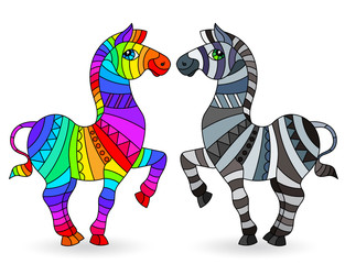 Set of elements in a stained glass style with abstract zebras, isolated on a white background