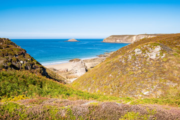 Landscape of the Brittany coast in the Cape Frehel region with its beaches, rocks and cliffs in summer.