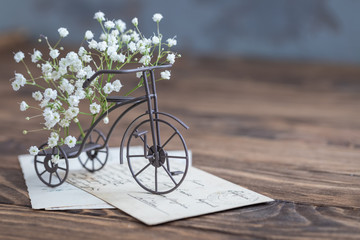 Old miniature iron bicycle with flowers on wooden background, toned vintage, selective focus