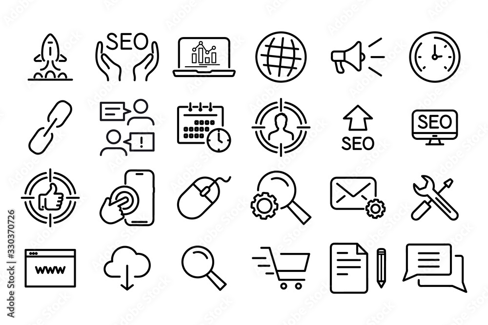 Poster seo search engine optimisation and marketing. collection modern lines web icons. editable stroke. se