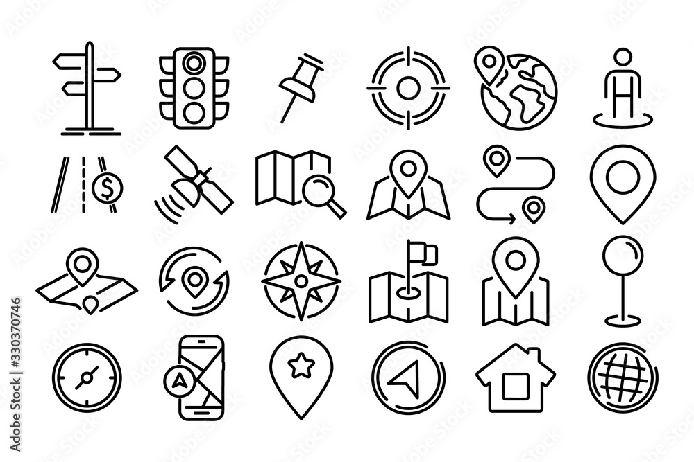 Aufkleber Navigation and Map icon set. Map pin and Location, Route map, Navigation, Direction and more. Simple Set of World Map, Office Location, Traffic Light, Compass line Icons