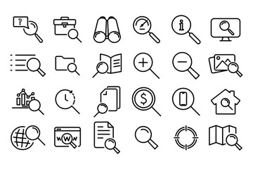 Search Line Icons. Magnifying glass. Thin signs Search, zoom in and out icon. Collection modern lines web icons. Editable Stroke.