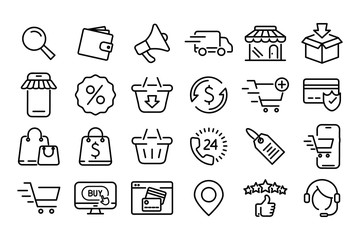 Set of E-commerce, shopping lines web icons. Shopping Cart, Present and Sale discount. Online buying linear symbols set