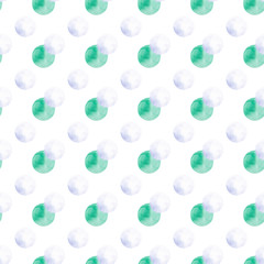 Seamless pattern of watercolor circles of turquoise and blue colors on a white background. Use for menus, baby decor and birthday parties.