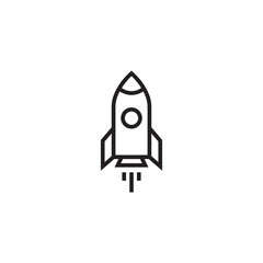 Outline rocket ship with fire. Vector illustration with flying rocket. Space travel. Project start up sign. Creative idea symbol. Black and white.