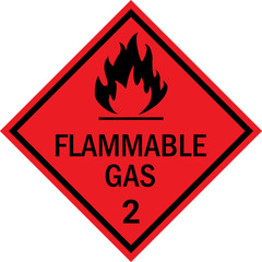 Flammable gas caution sign. Dangerous goods placards class 2. Black on red background.
