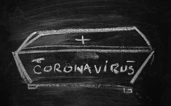 Coffin, Coronavirus Symbol Hand Drawn On Blackboard And Texture