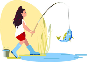 girl in blue boots catches a fish