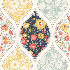 Seamless pattern with decorative flowers, patchwork tiles. Can be used on packaging paper, fabric, background for different images, etc.