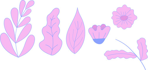 Vector illustrations of pink leaves and flowers, minimalism.