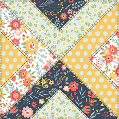 Background pattern in vintage style. Patchwork decorative ornament with floral elements