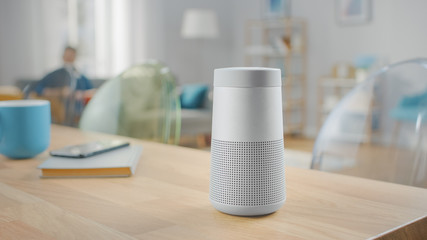 Close Up Shot of a Modern Silver Wireless Speaker Standing on a Table at Home. Man in the...