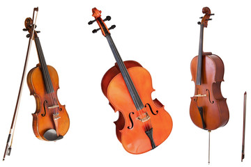 Fototapeta na wymiar classical musical instrument cello, violin with bow, isolated on white background
