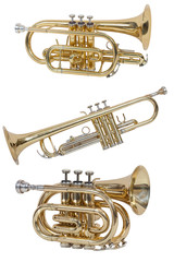 classical wind musical instrument cornet, wind trumpet, set of three musical instruments isolated...