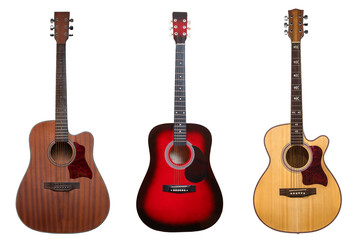 classic musical instrument wooden six-string guitar red, set of three guitars isolated on white background