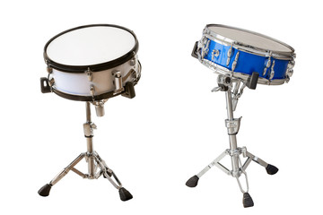 Fototapeta na wymiar classic musical instrument snare drum, set of two drums on stands isolated on a white background