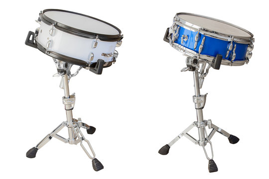 classic musical instrument snare drum, set of two drums on stands isolated on a white background