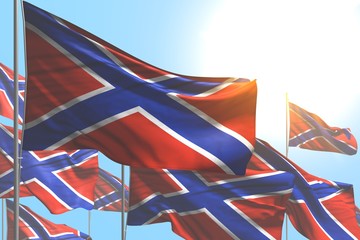 pretty holiday flag 3d illustration. - many Novorossia flags are waving on blue sky background
