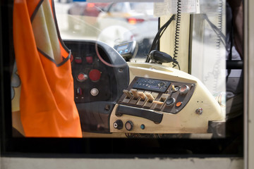 The control panel of the old tram. View through the window.