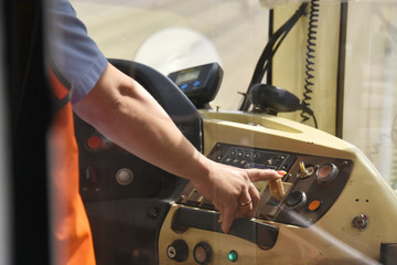 The control panel of the old tram. View through the window.