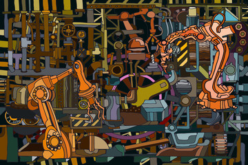 Abstract colorful illustration featuring robot arms and industrial automation. Hand drawn.