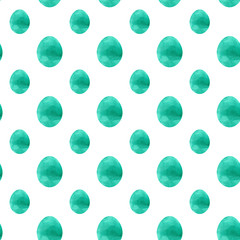Emerald Easter egg seamless pattern. Hand drawing watercolor sketch on white background. Colorful illustration. Picture can be used in greeting cards, posters, flyers, banners, logo, further design