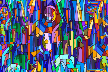 Vector seamless pattern with abstract fantasy colorful night Gothic city. Stained glass texture. Hand drawn.
