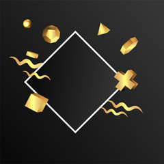 Metallic golden stage with floating geometrical forms, square with paper platform, realistic minimal background,