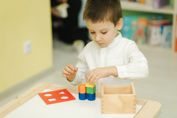Little boy play with different figures in kindergarden. Boys play together in nursery