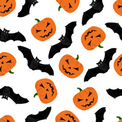 Halloween pattern with pumpkin and bats. Halloween background with pumpkin and bats. Seamless pattern design with bats and halloween pumpkins
