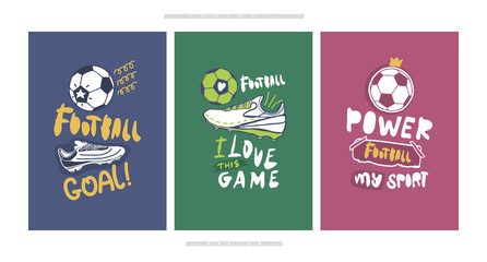 Vector collection for football. Designs for children's t-shirts, textiles, sports posters. Illustrations with a soccer ball and a crown, sneakers. Typography design.