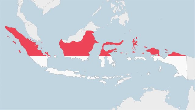 Indonesia map highlighted in Indonesia flag colors and pin of country capital Jakarta.